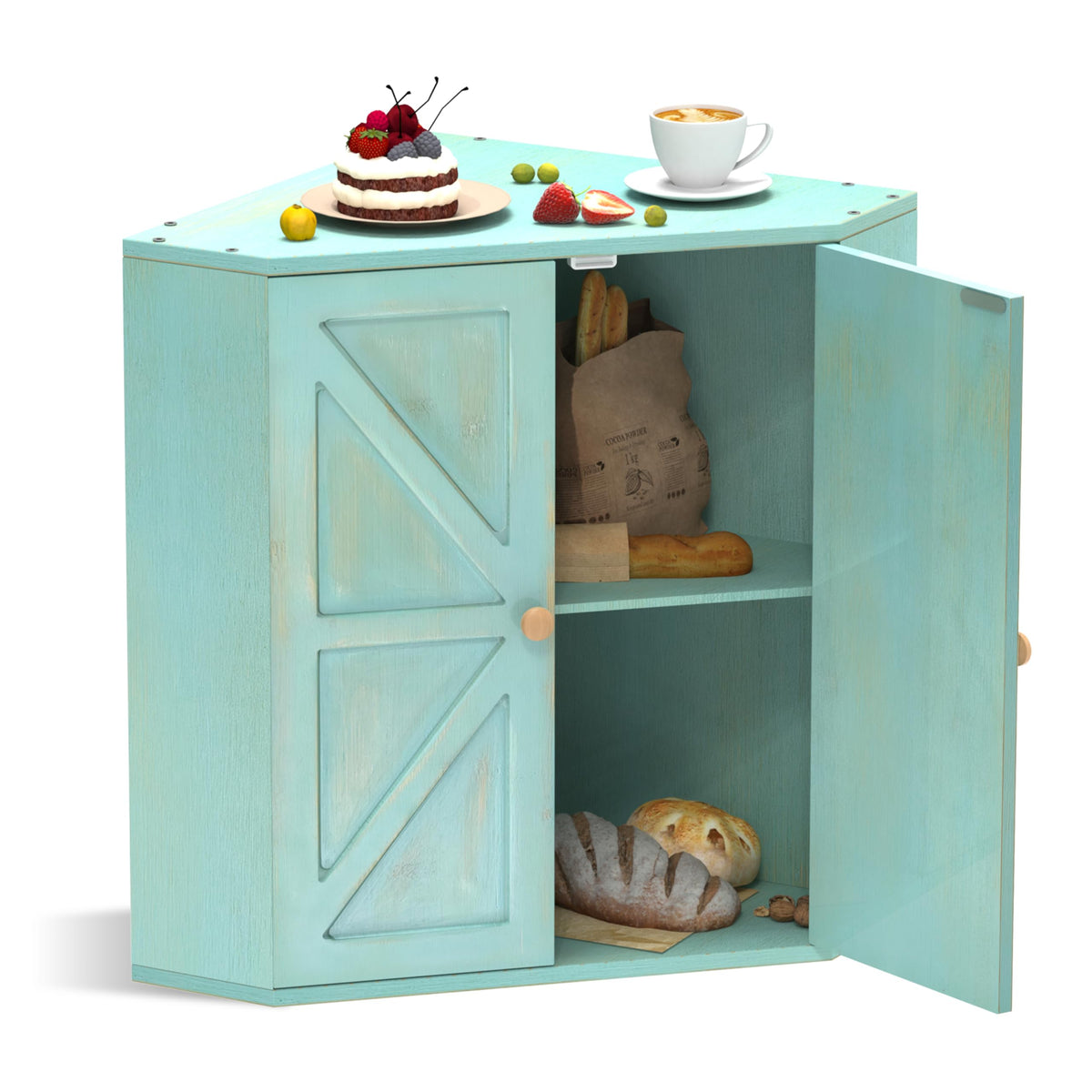 Trironsun corner bread box with double layer keeps bread fresh and organized on your counter.
