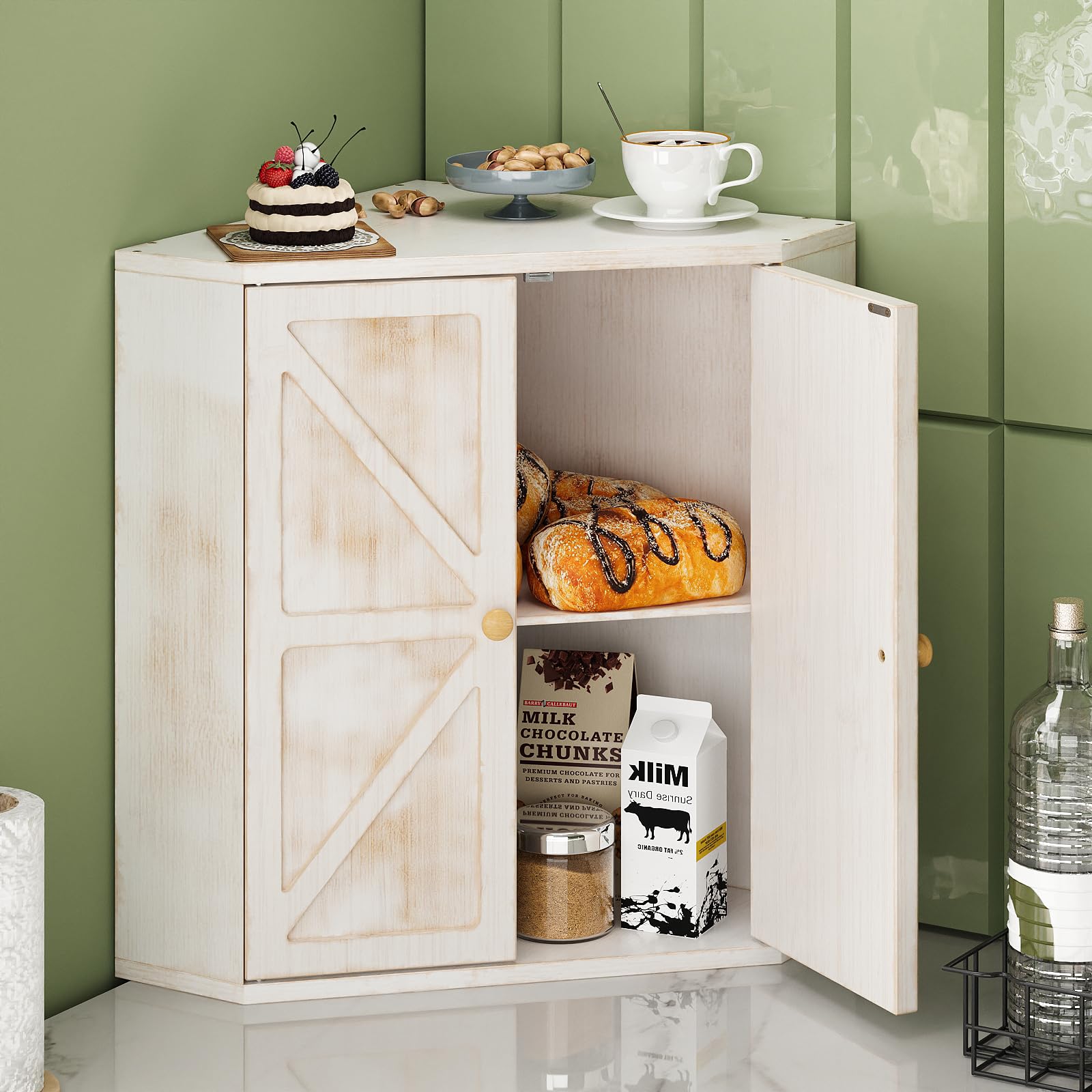 Trironsun corner bread box top view, natural bamboo adds warm kitchen vibe.