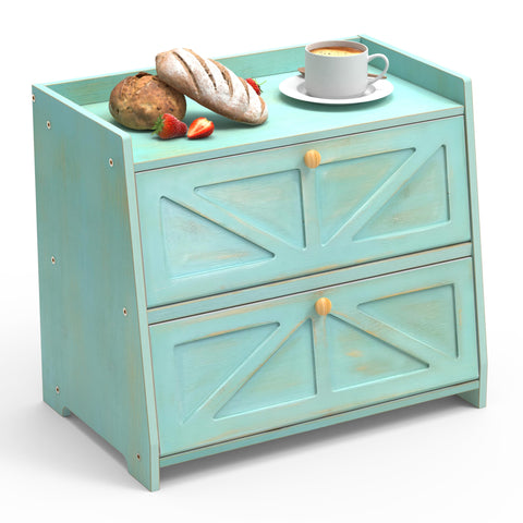 Trironsun vintage bread box top view in antique blue keeps counter neat.