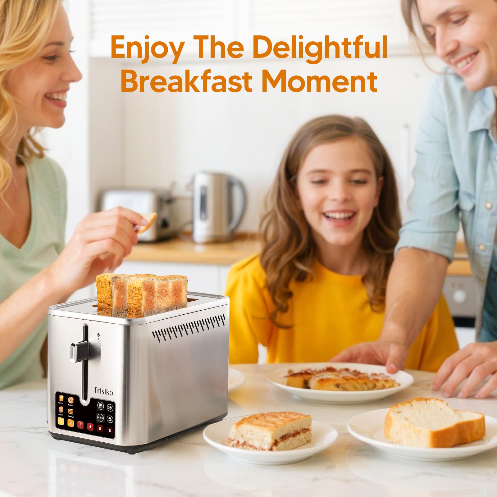 Trisiko toaster digital timer display shows toast countdown clearly.