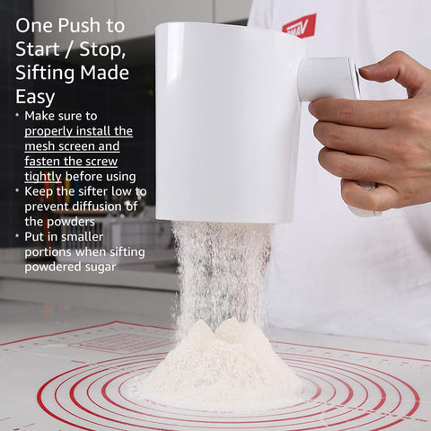TriTree electric sifter in action delivering light, airy flour for recipes