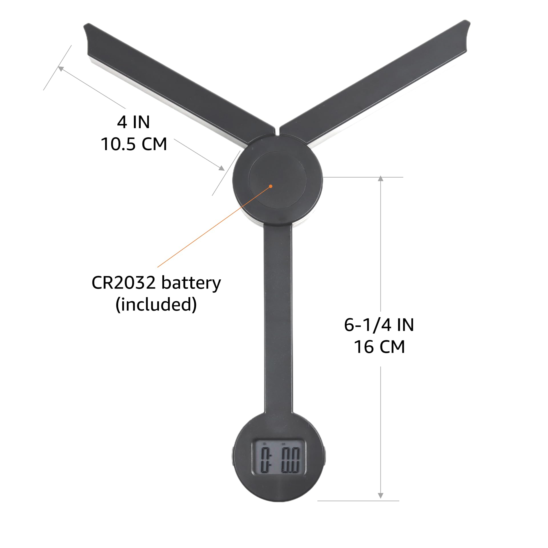 TriTree battery-powered scale includes CR2032 battery for immediate use.
