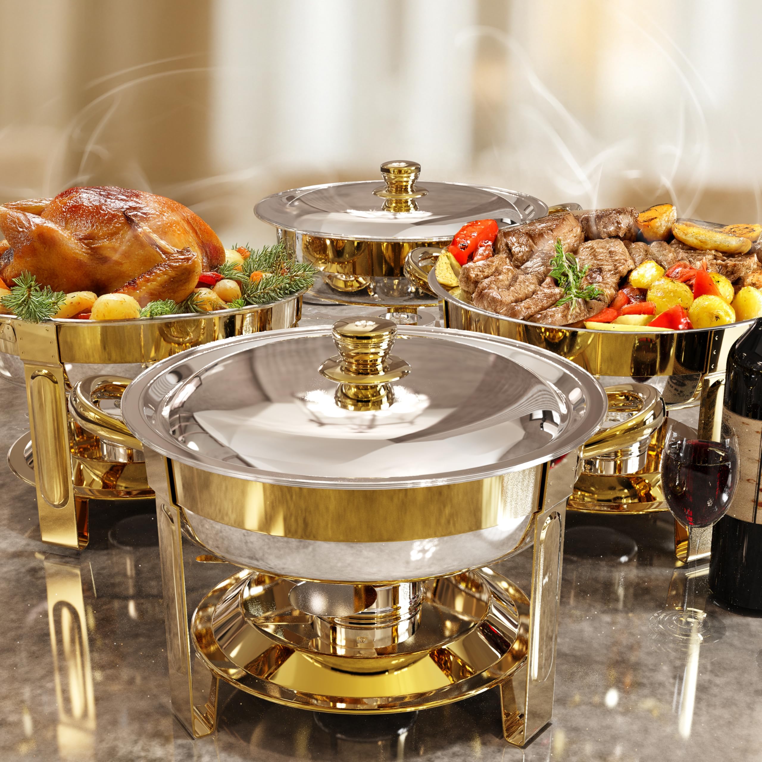 Trivico chafing dish with lid assembly for quick setup at events