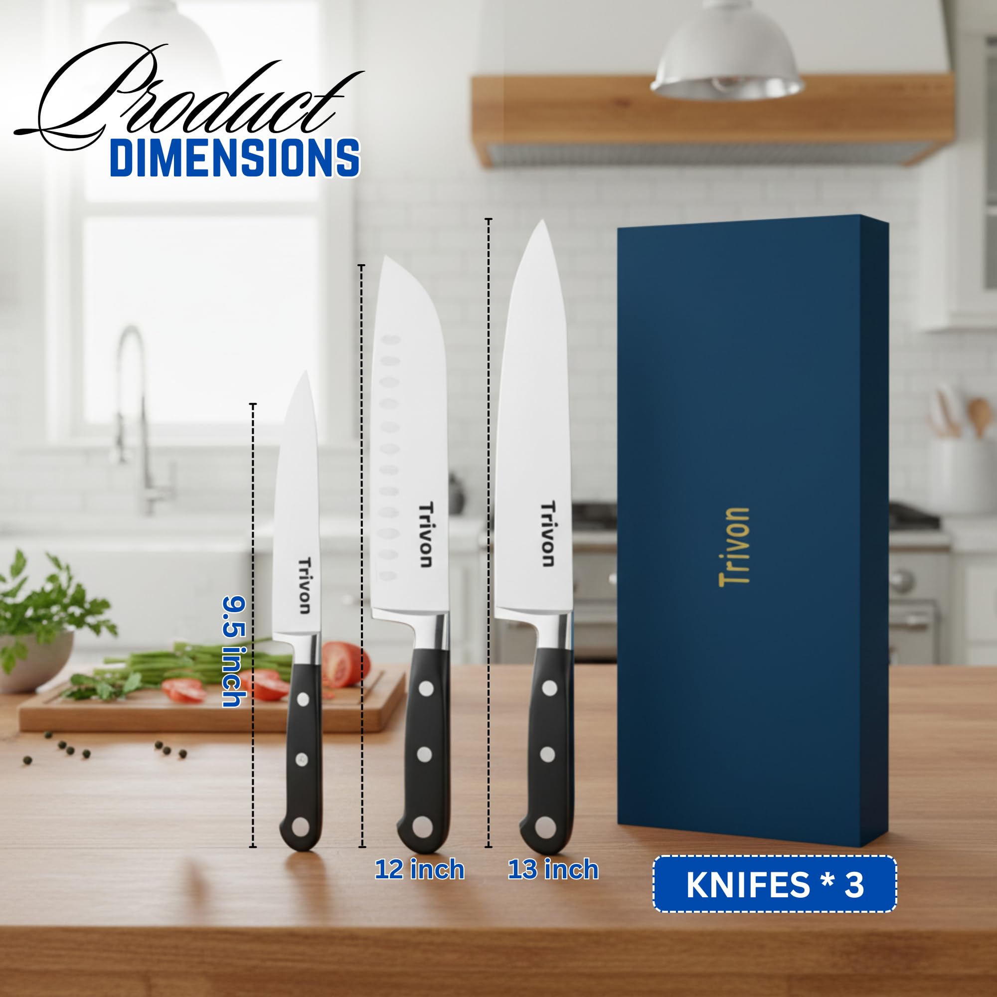 Trivon 7-inch santoku knife chopping vegetables with ease.