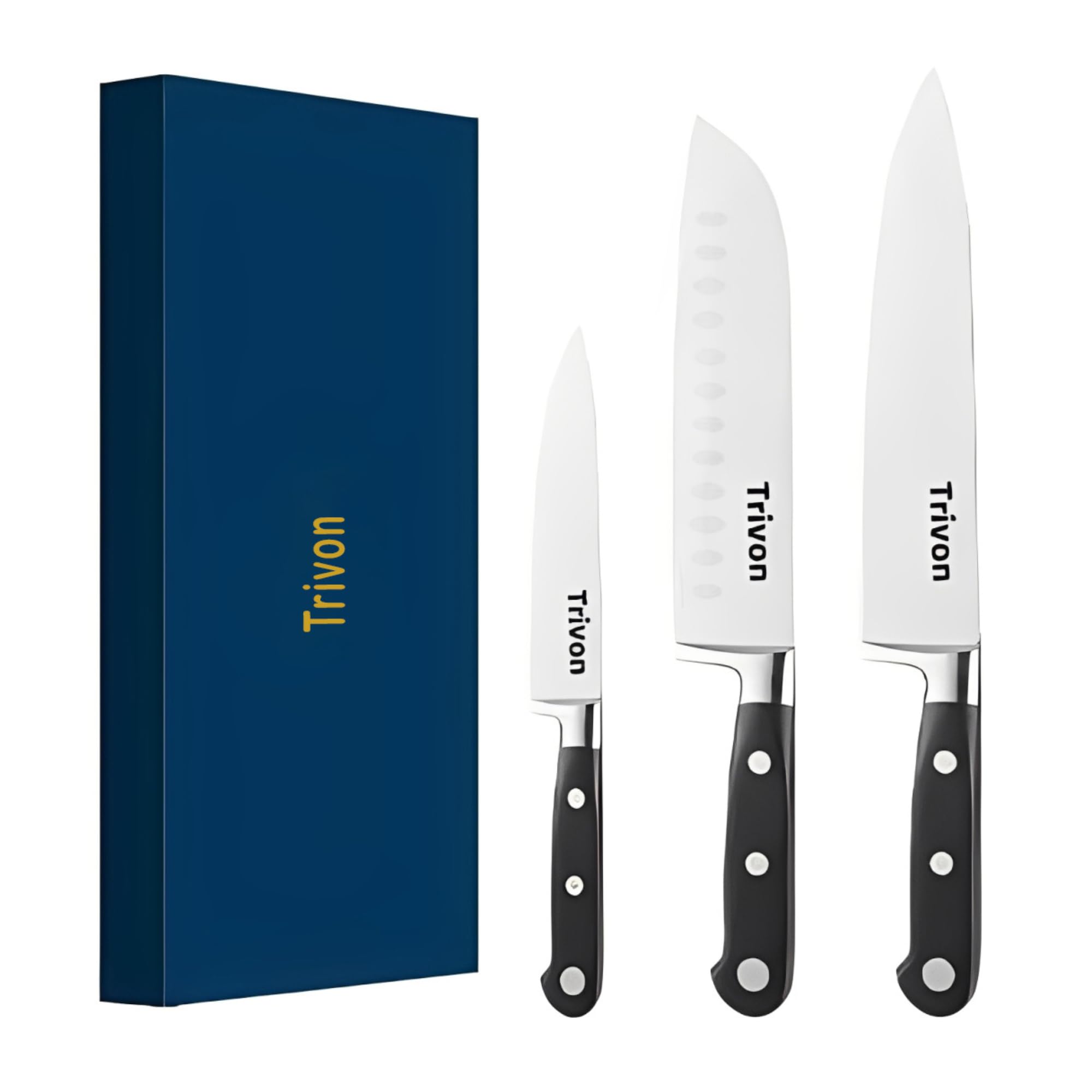 Trivon 8-inch chef knife in action for precise slicing.
