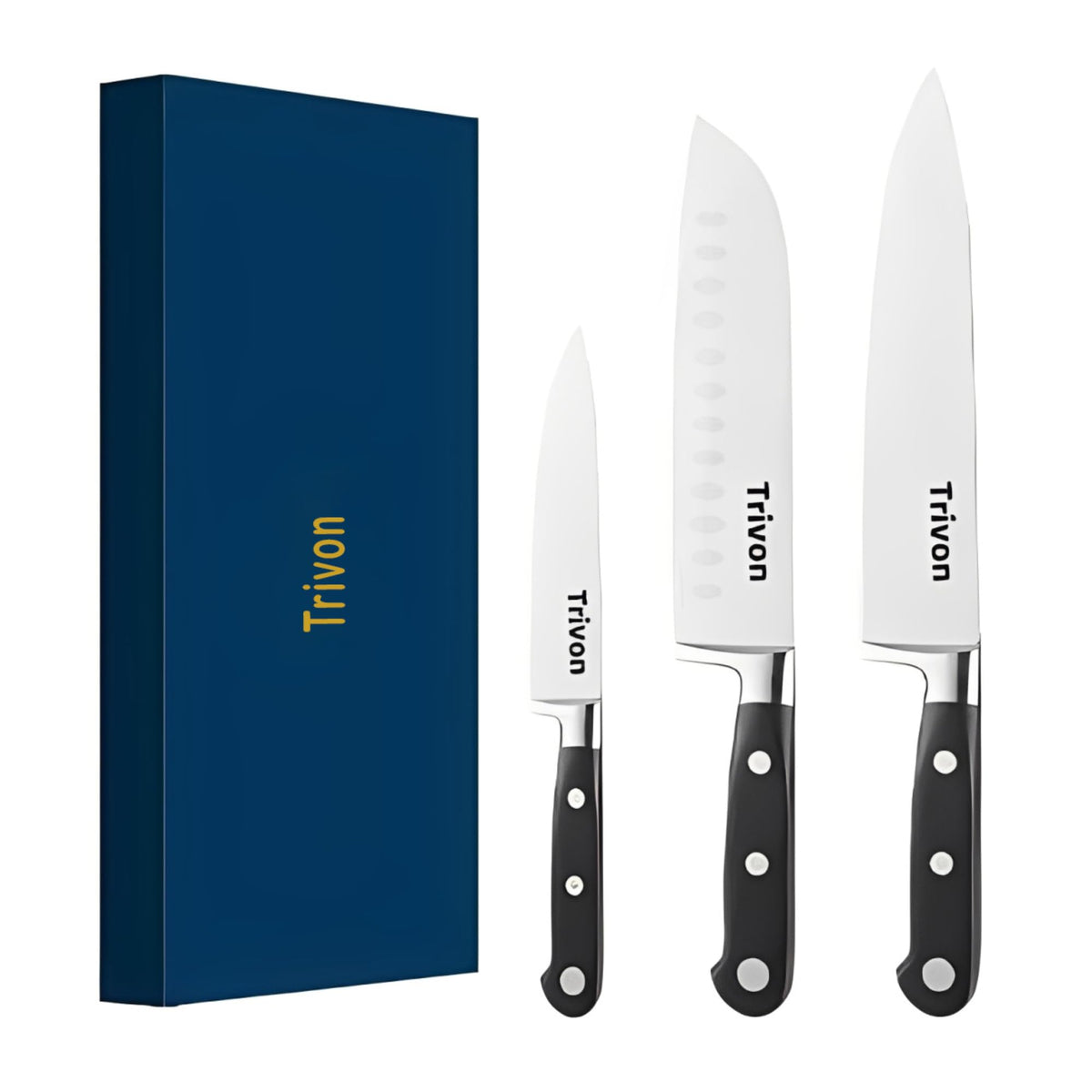 Trivon 8-inch chef knife in action for precise slicing.