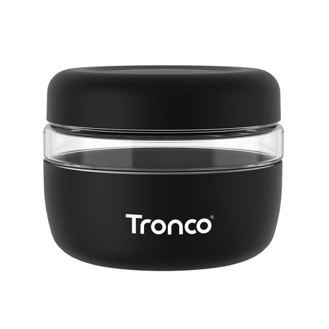 Tronco 16oz glass container with lid on, secure seal for spill-free storage.