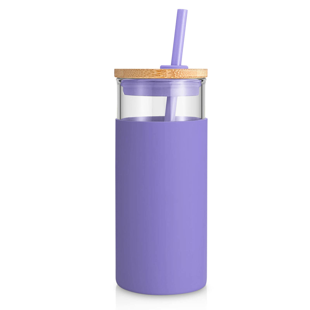 Tronco 20 oz glass tumbler with lid and straw, ideal for on-the-go iced drinks.