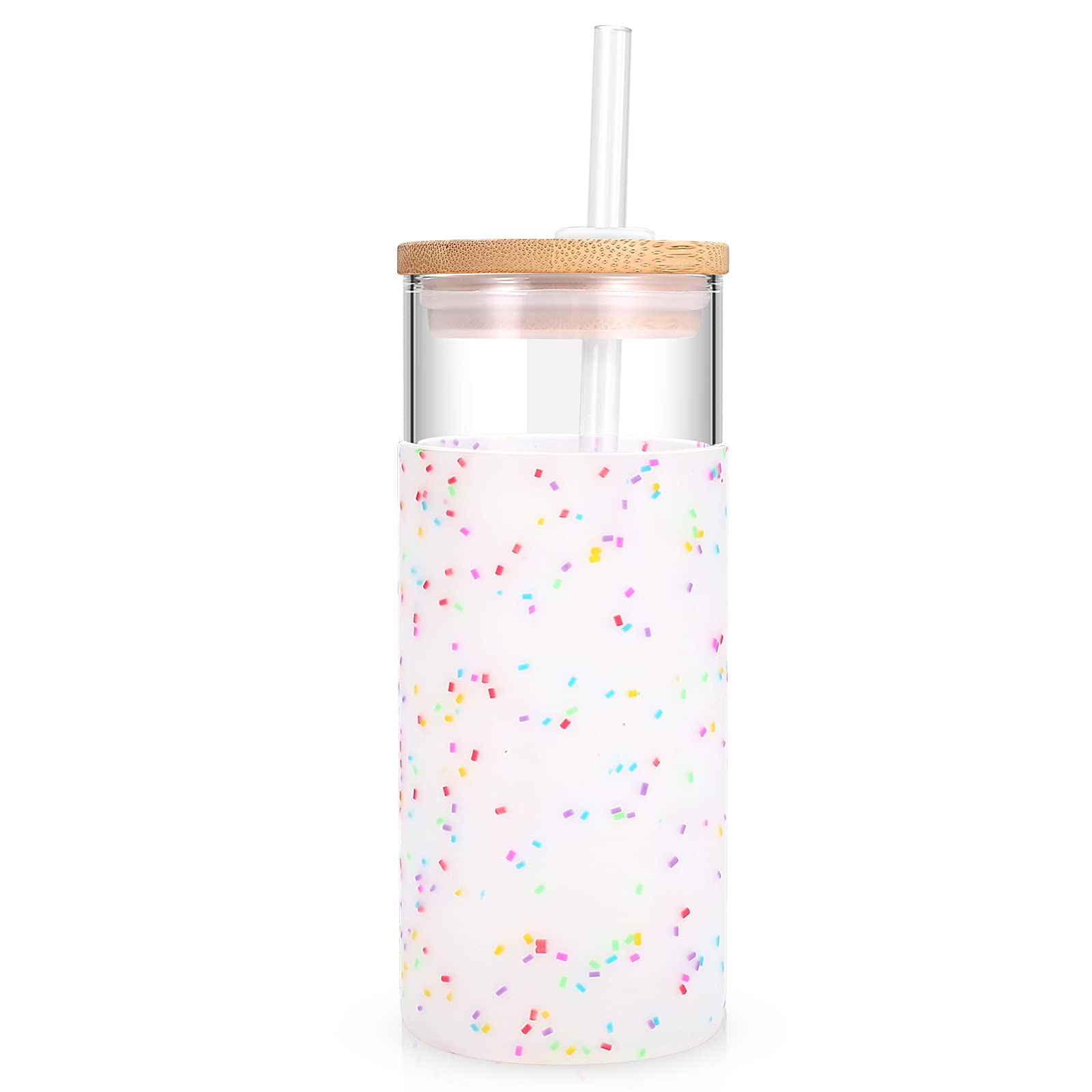 Tronco 20oz glass tumbler with lid and straw for refreshing iced drinks.