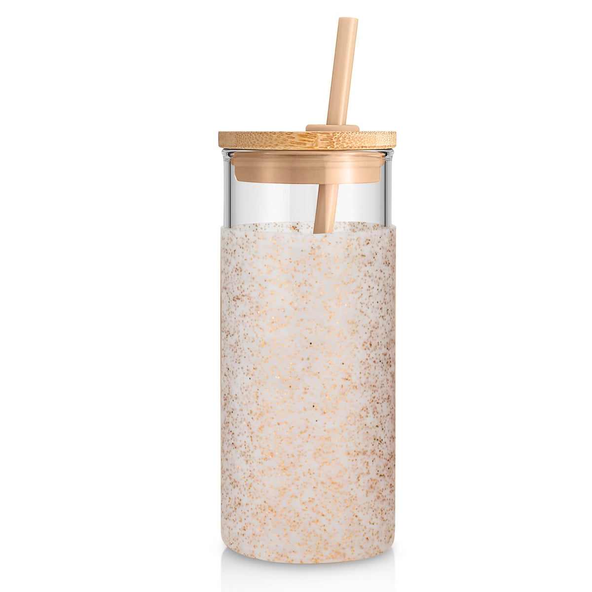 Tronco 20oz glass tumbler with lid and straw for on-the-go iced coffee.