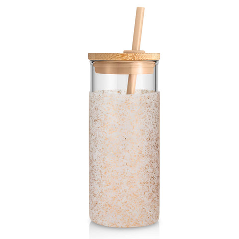 Tronco 20oz glass tumbler with lid and straw for on-the-go iced coffee.