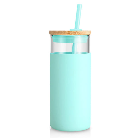 Tronco 20 oz glass tumbler with lid and straw for on-the-go iced drinks.