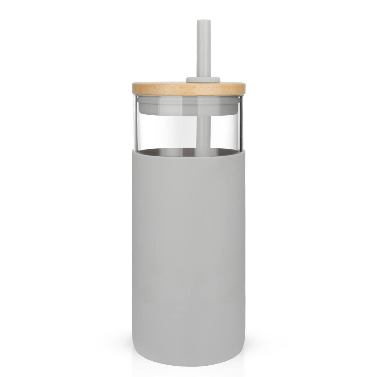 Tronco 20 oz glass tumbler with lid and straw for on-the-go iced coffee.