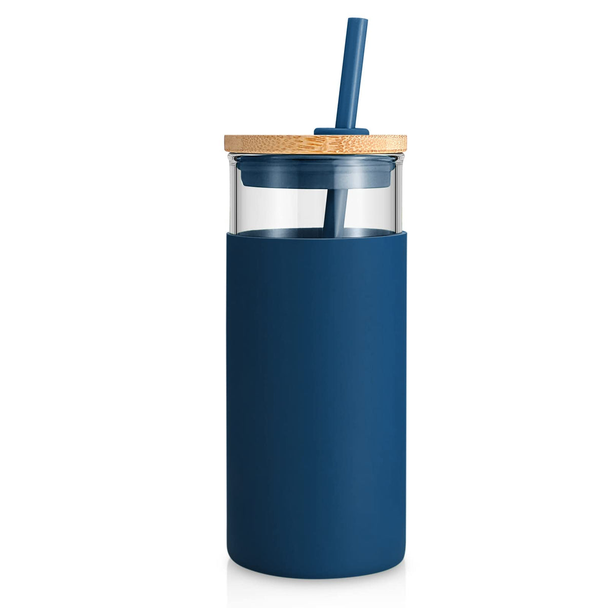 Tronco 20oz glass tumbler with lid and straw showing secure silicone sleeve for a comfortable grip.