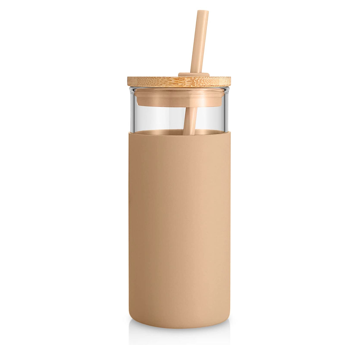 Tronco 20oz glass tumbler with lid and straw for hot or cold drinks.