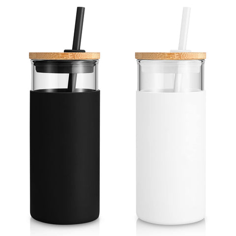Tronco 20oz glass tumbler with lid and straw, ideal for iced coffee on the go.