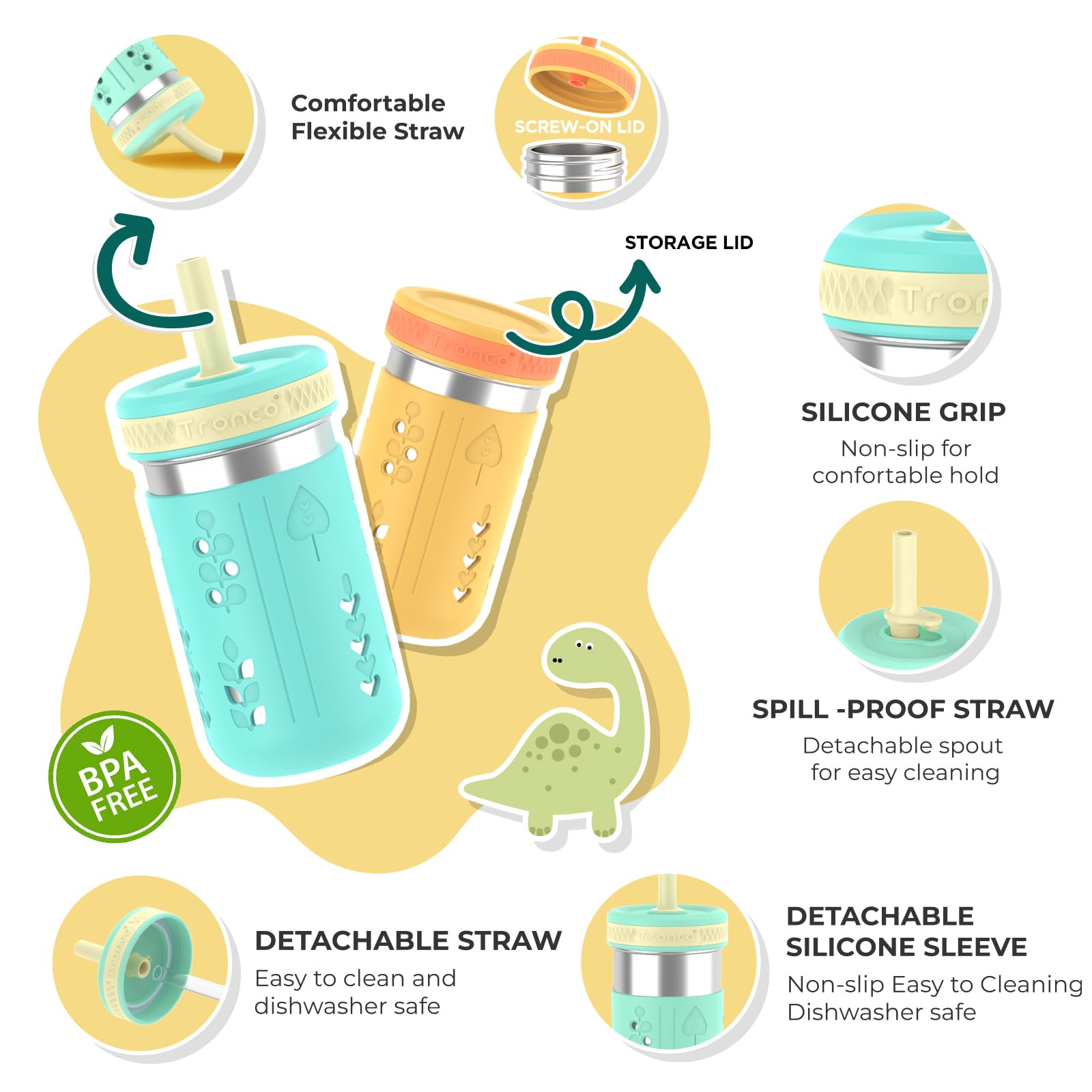 Tronco kids tumbler with silicone sleeve for secure, comfortable grip