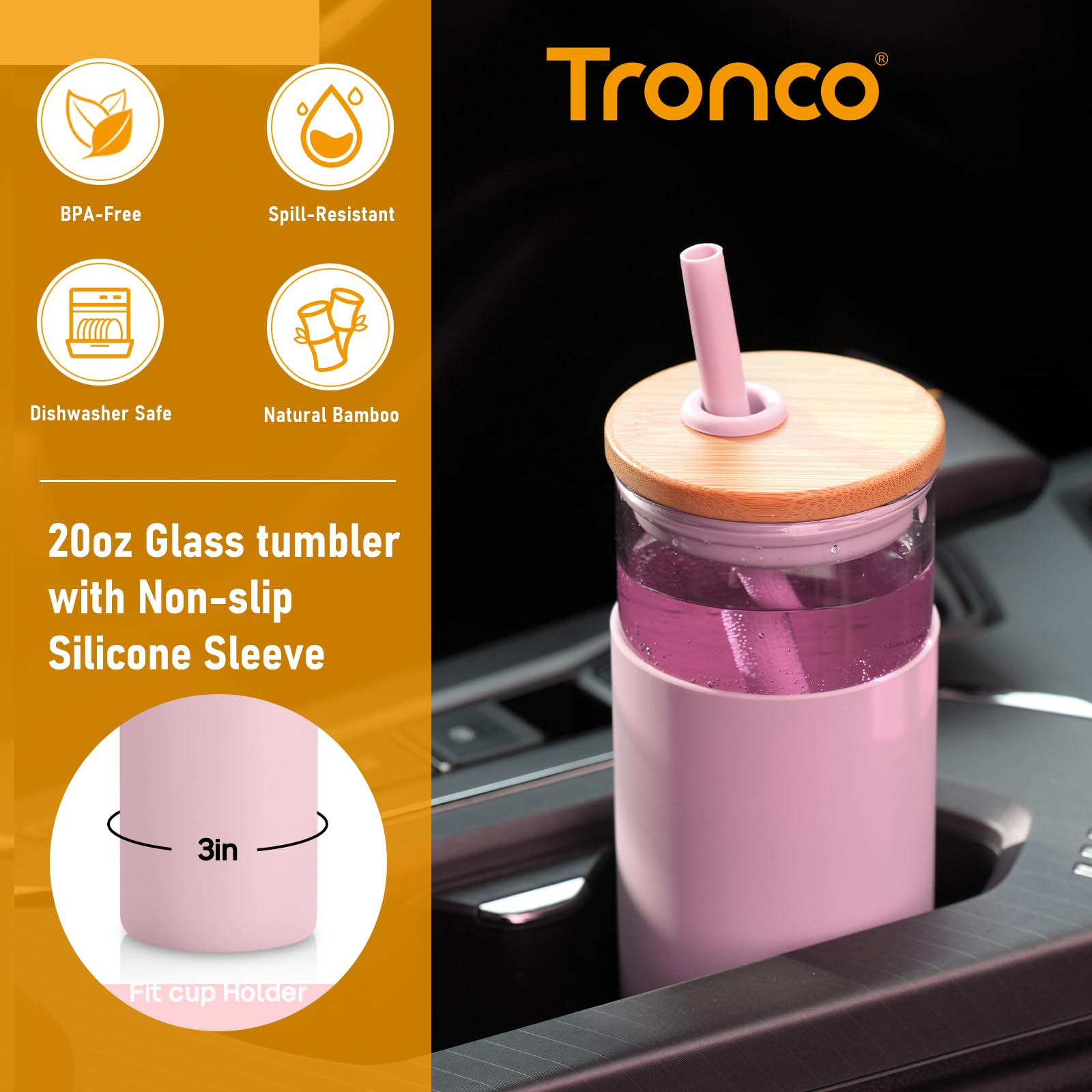 Tronco silicone sleeve provides a secure, non-slip grip on the tumbler.