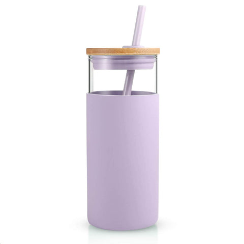 Tronco 20 oz glass tumbler with lid and straw, showing stable borosilicate glass for hot or cold beverages.