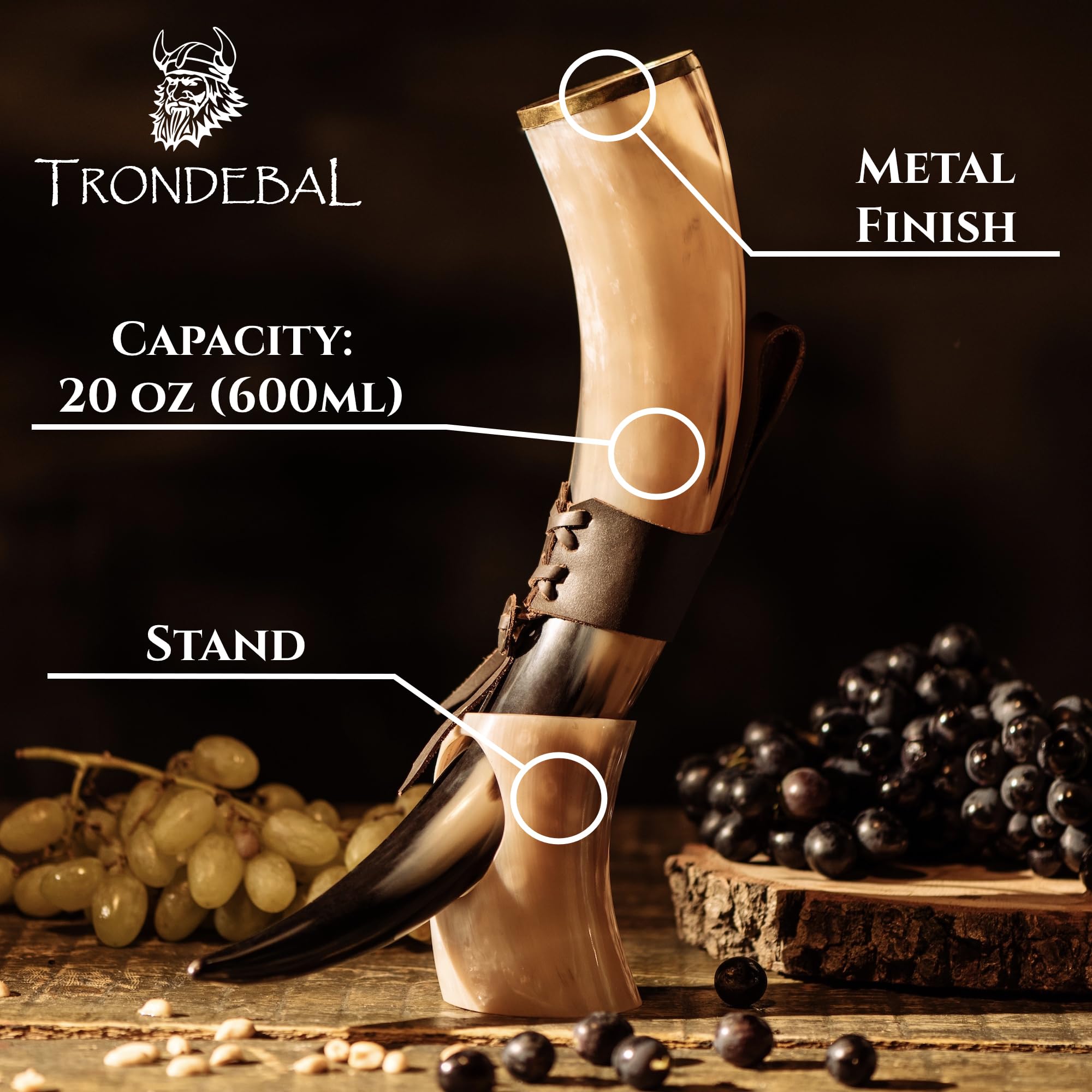Trondebal horn stand closeup shows carved base and handcrafted texture.