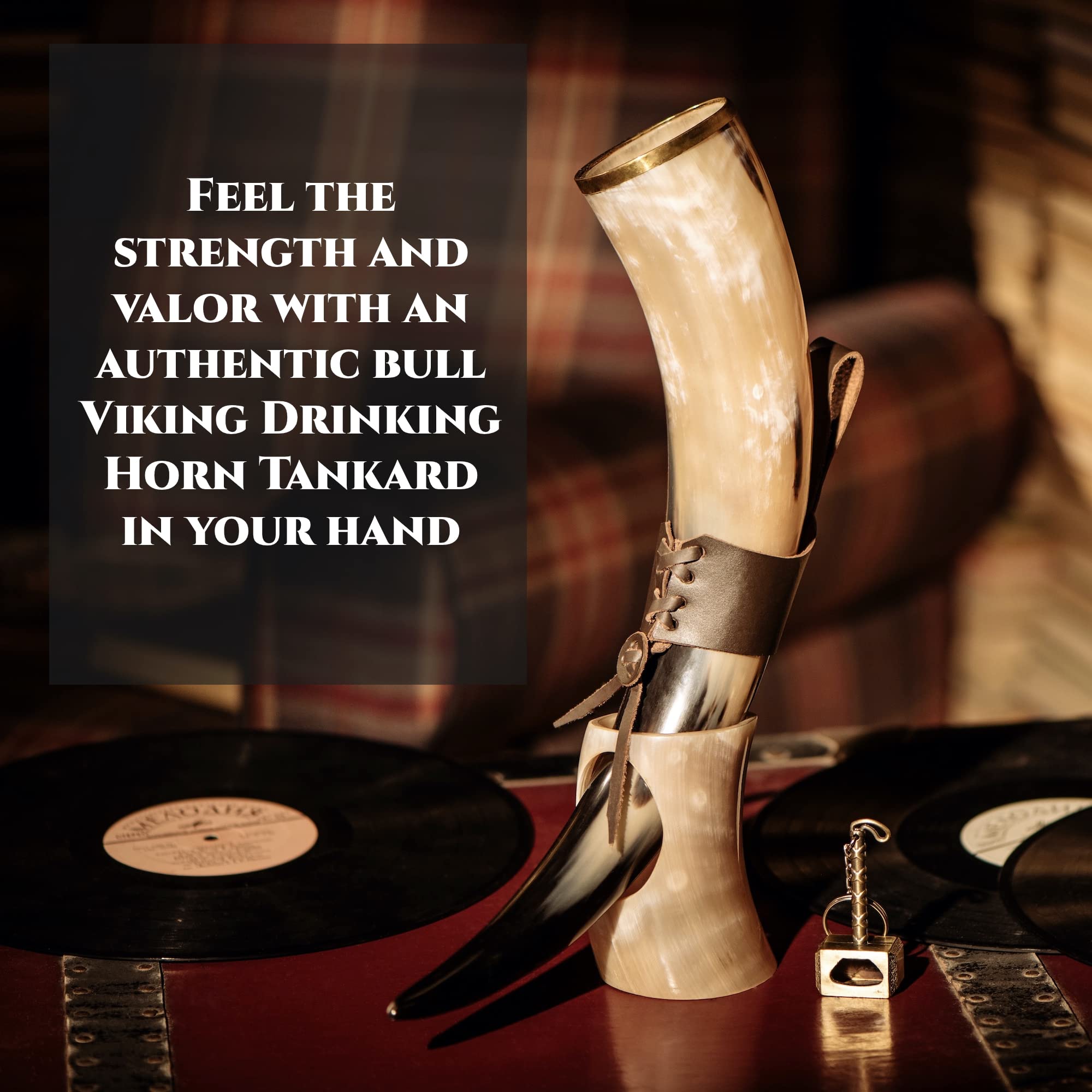 Trondebal Viking horn mead mug in use conveys rustic Norse dining vibes.