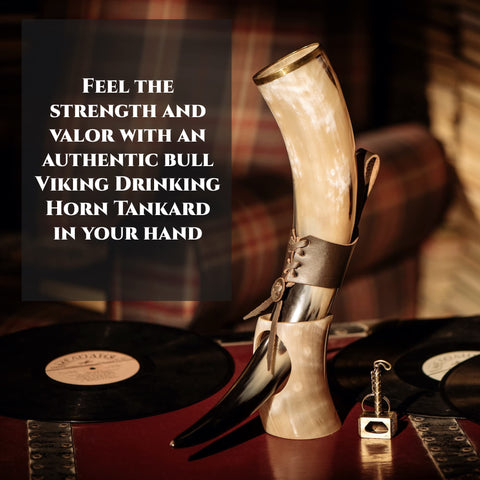 Trondebal Viking horn mead mug in use conveys rustic Norse dining vibes.
