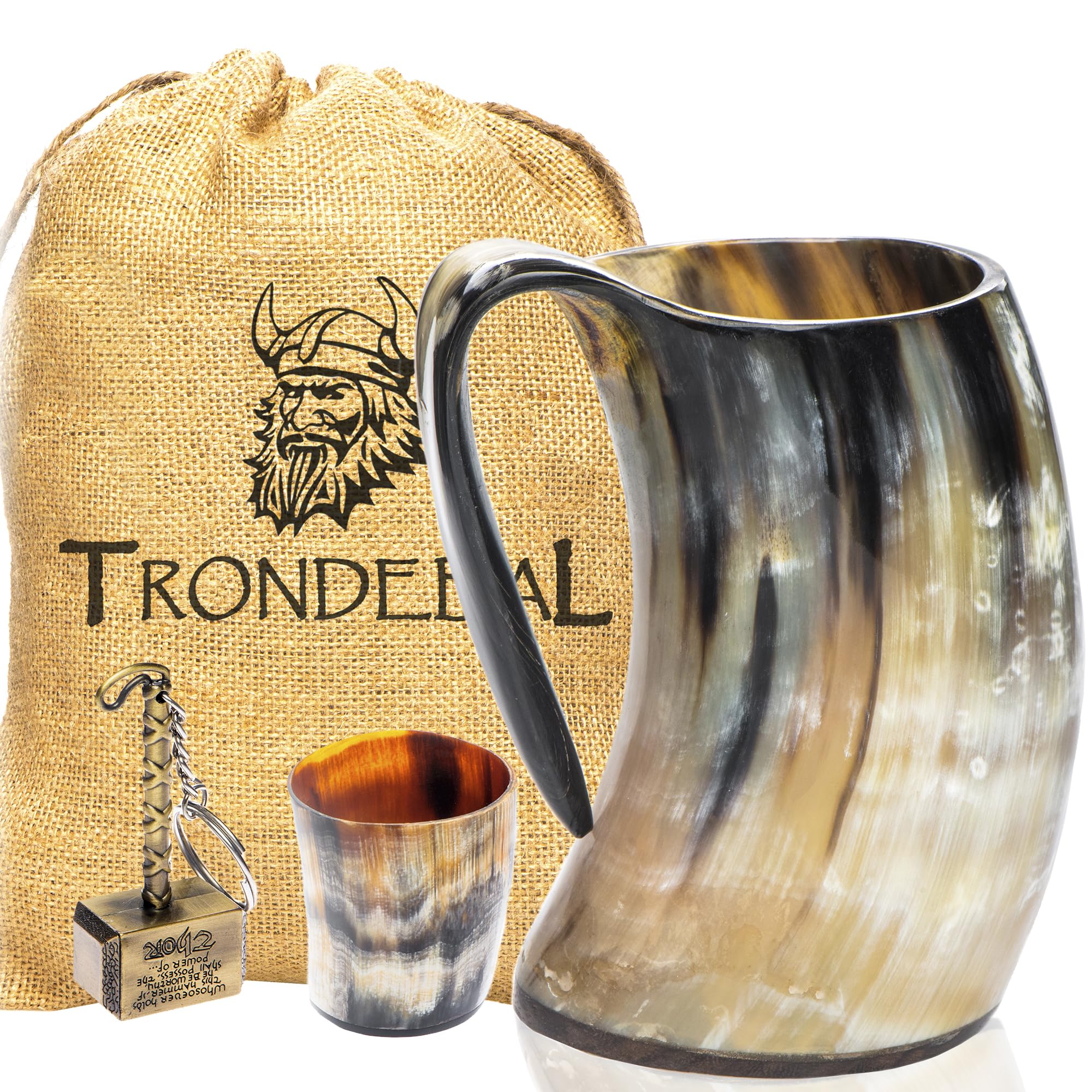 Trondebal Viking horn mug held to show authentic design for immersive drinking