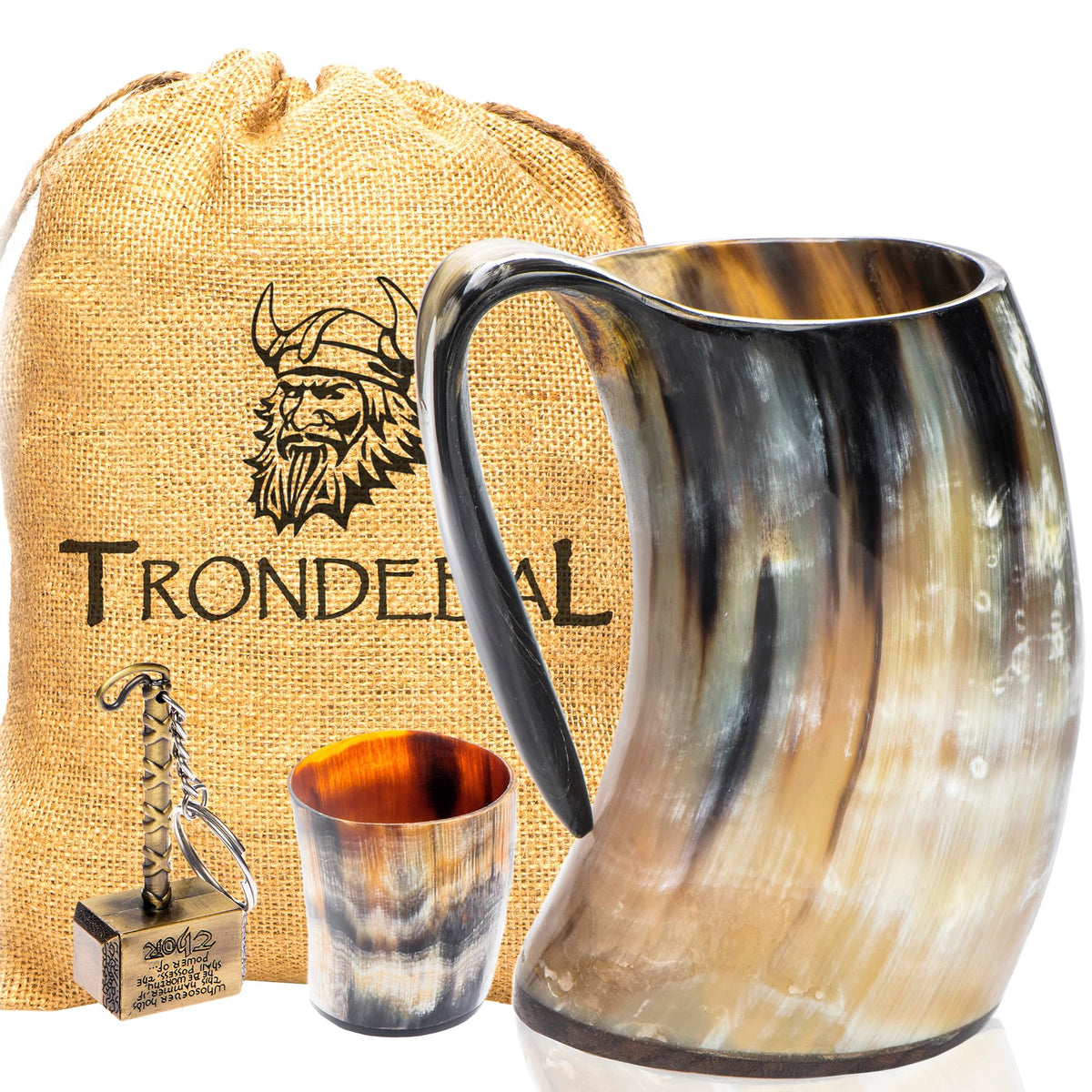 Trondebal Viking horn mug held to show authentic design for immersive drinking
