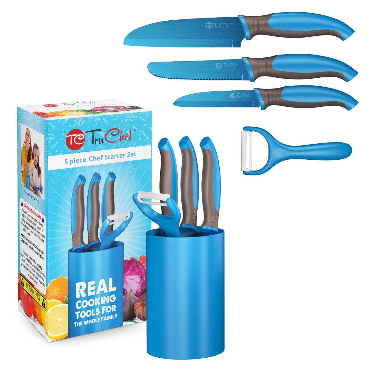 TruChef blue chef knife designed for beginner slicing practice