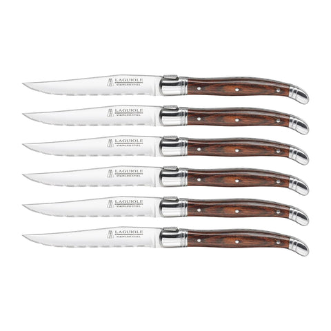Trudeau Laguiole steak knife close-up with wood handle and sharp blade for clean slices