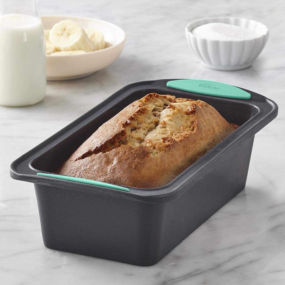 Trudeau loaf pan nonstick release for effortless loaf removal.