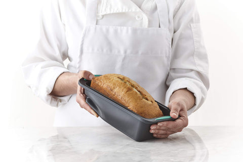 Trudeau oven, microwave, and freezer safe loaf pan for versatile baking.
