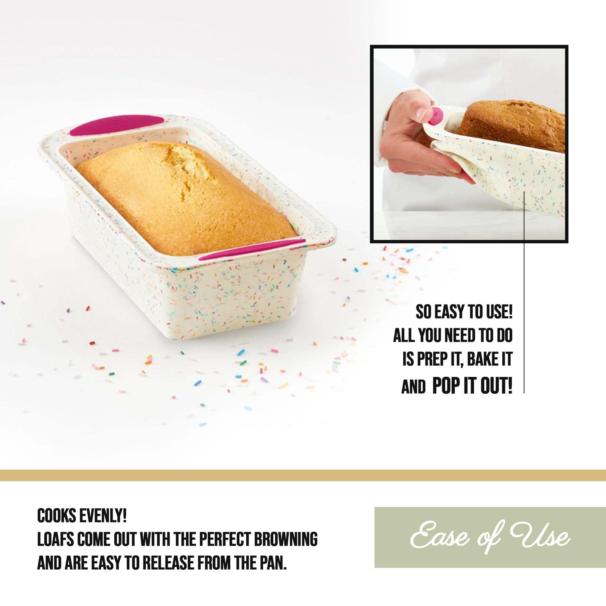 Trudeau Structure Loaf Pan confetti white, side handle for secure grip during pouring.