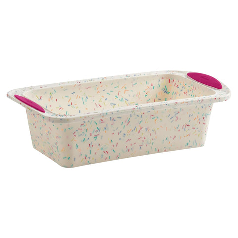 Trudeau Structure Loaf Pan Confetti White, top view, even browning with a steel frame.