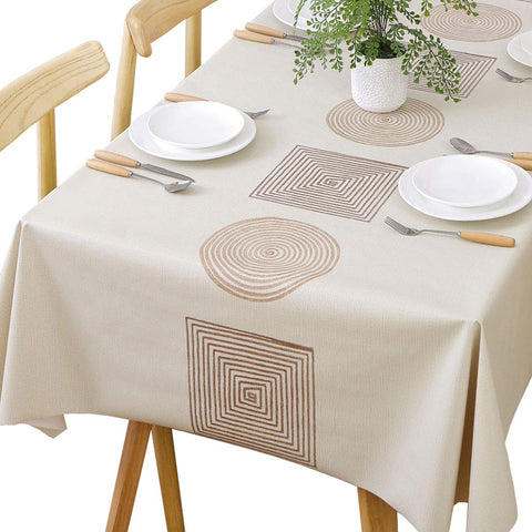 TruDelve heavy-duty vinyl tablecloth on a rectangle table for durable protection