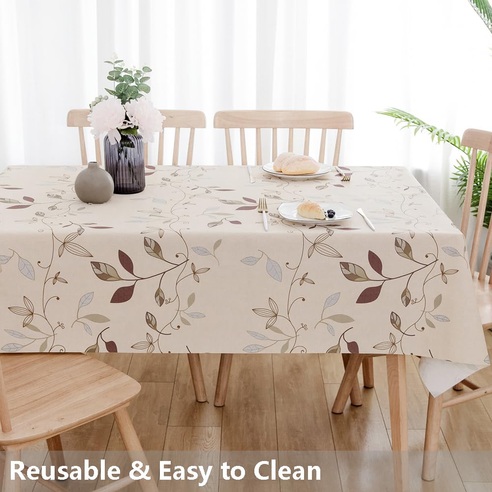 TruDelve beige tablecloth covers long tables for parties and gatherings.