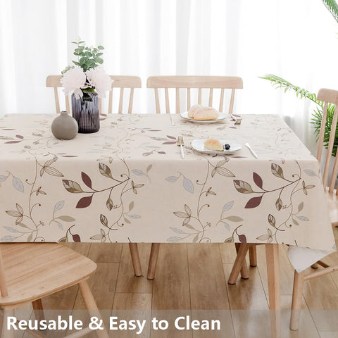 TruDelve beige tablecloth covers long tables for parties and gatherings.