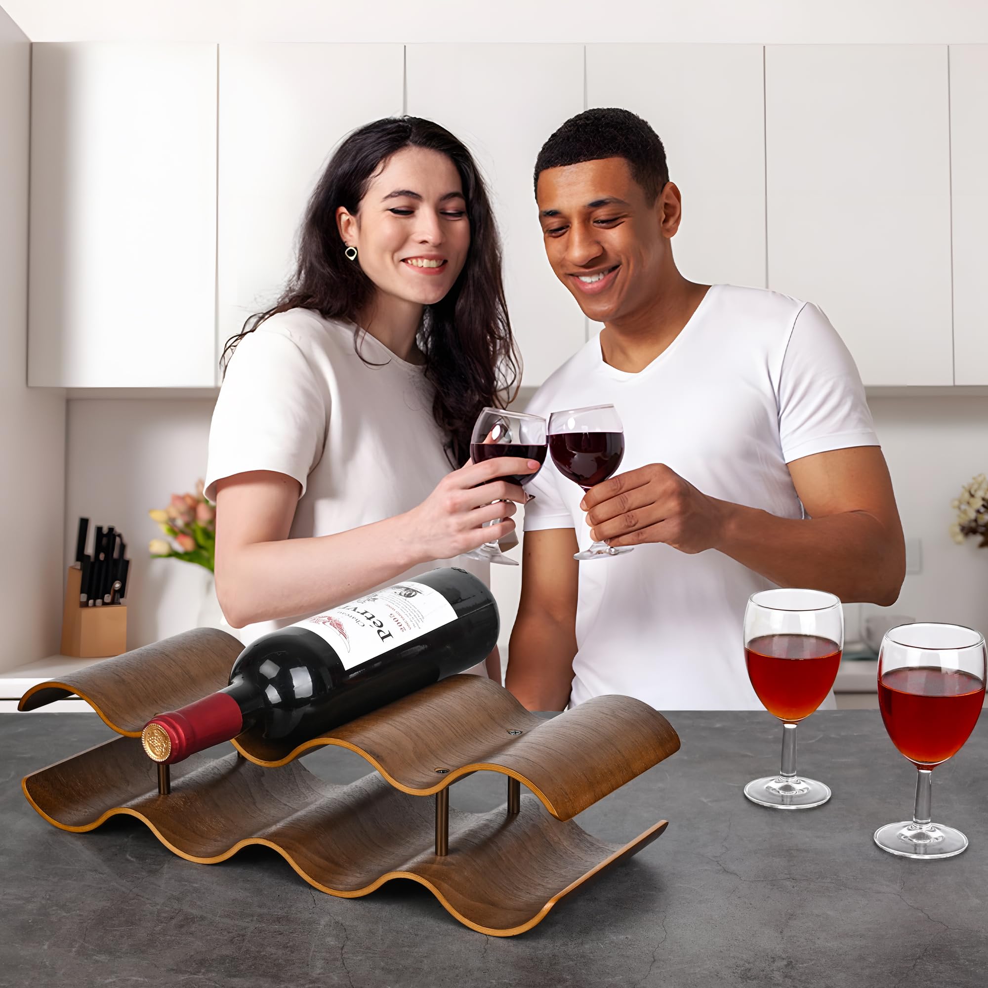 TRUDING walnut-finish wine organizer blends with cabinetry while reducing clutter.
