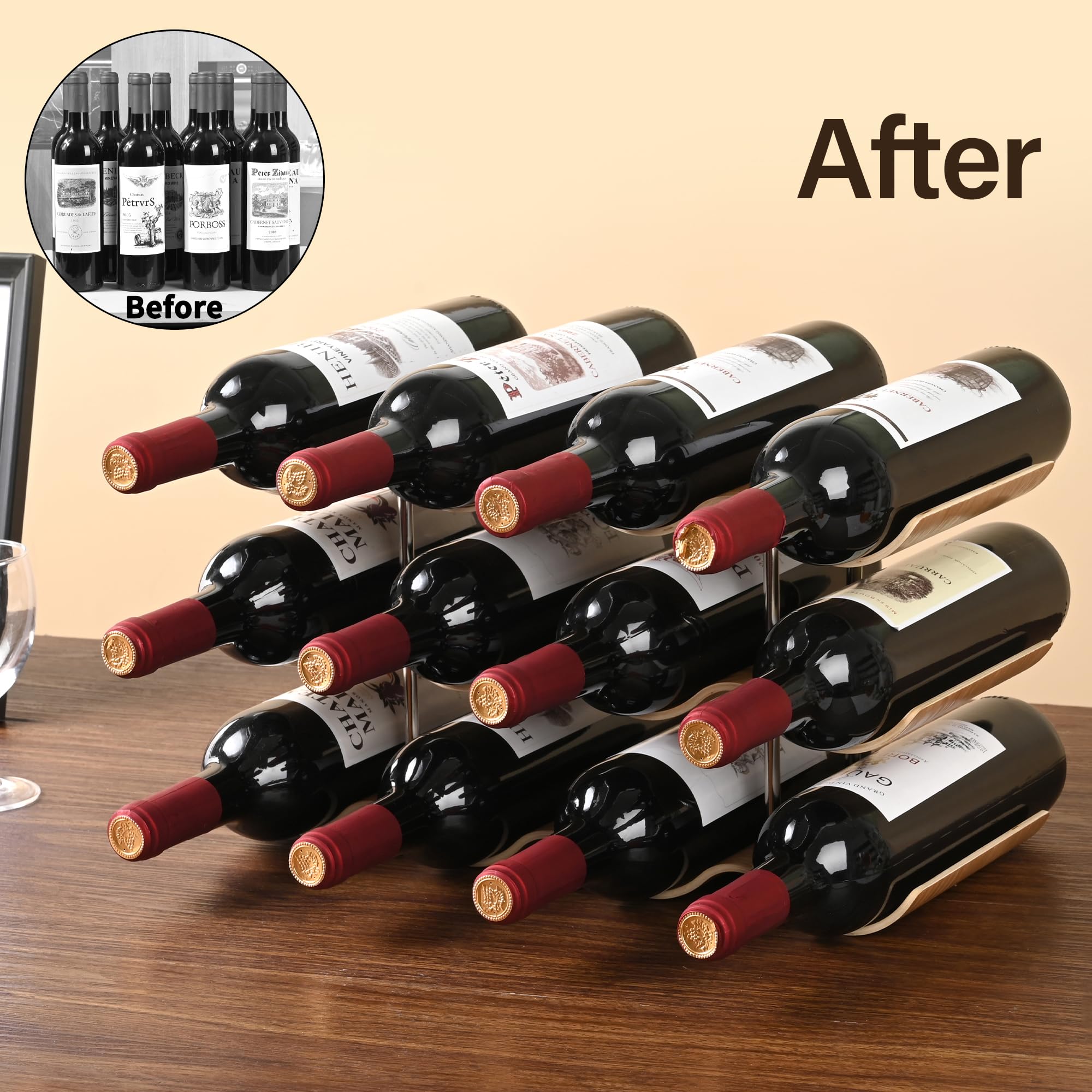 TRUDING wavy wooden 3-tier wine storage on a kitchen counter