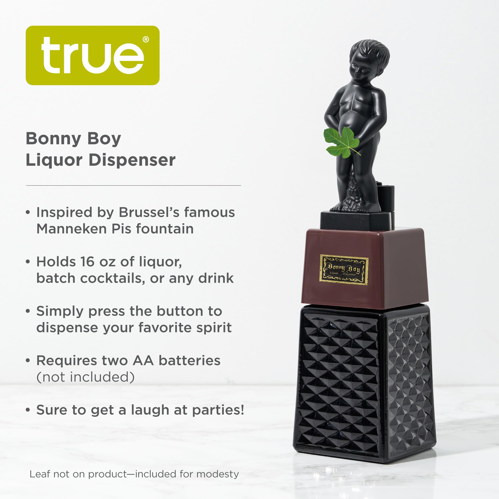 TRUE True Bonny Boy liquor dispenser pour action captures attention during parties and game nights.