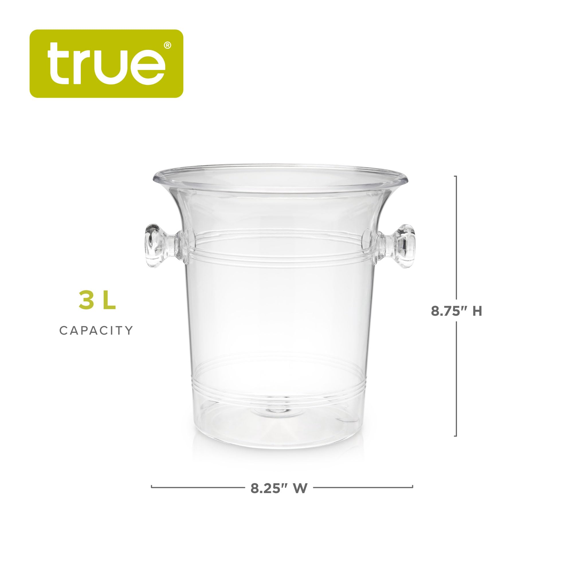 TRUE clear acrylic bucket for durable use with wine, champagne, or beer.