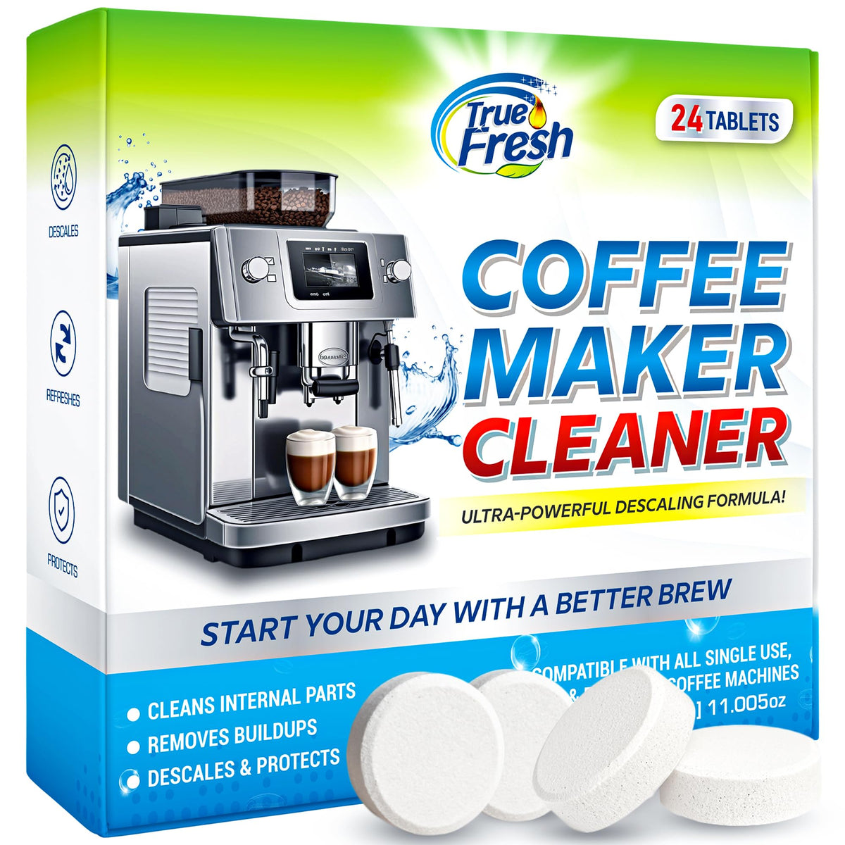 True Fresh descaler tablets packaging shown for easy yearly cleaning