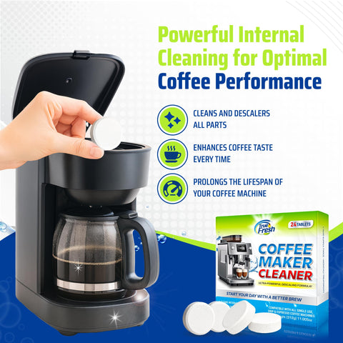 True Fresh tablets in coffee maker reservoir ready to remove mineral buildup
