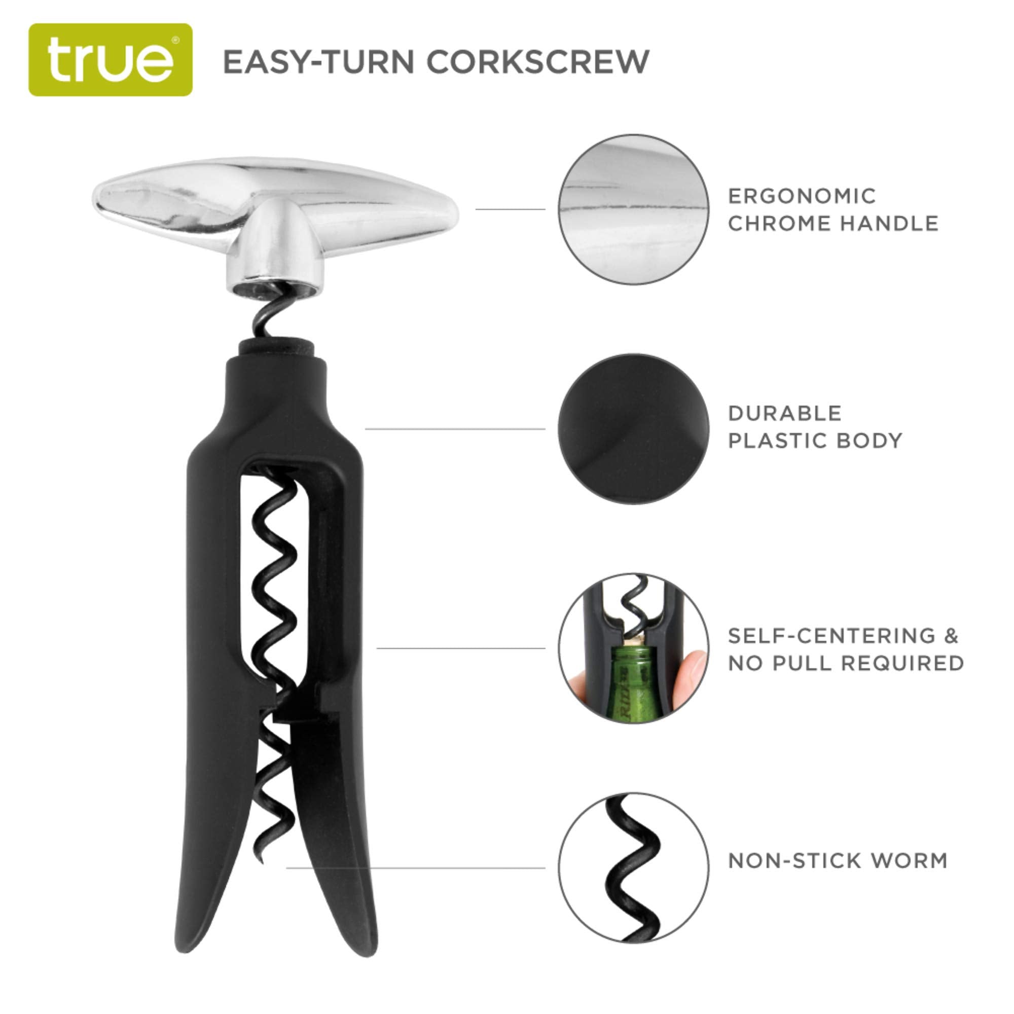 TRUE True Self Pulling Corkscrew handle closeup shows easy-turn chrome mechanism