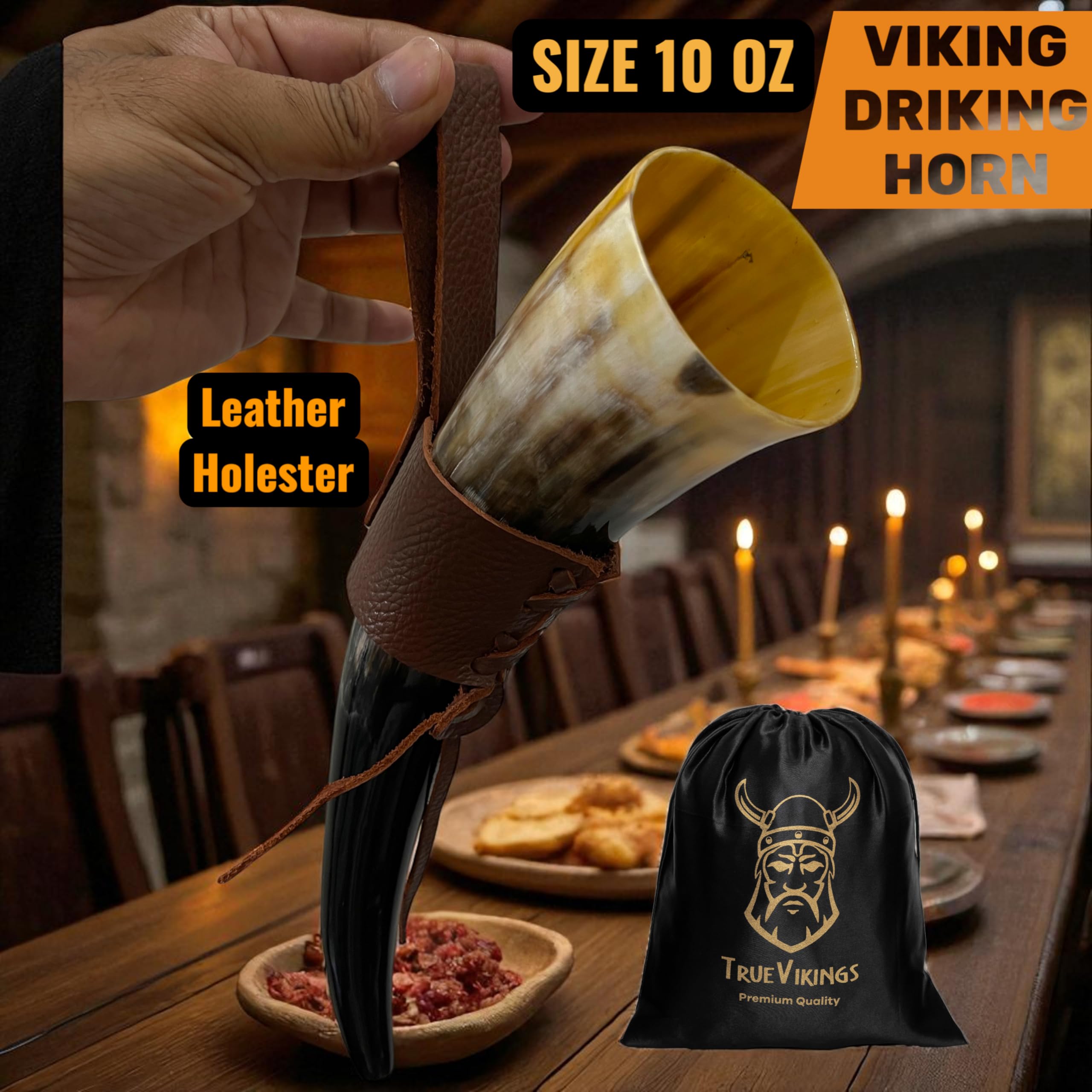 TRUE VIKING horn in holster for portable Norse-style sipping.