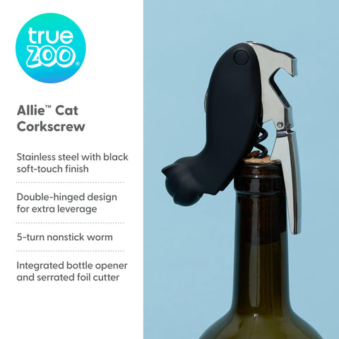 True Zoo Allie corkscrew with built-in bottle opener for quick uncorking.