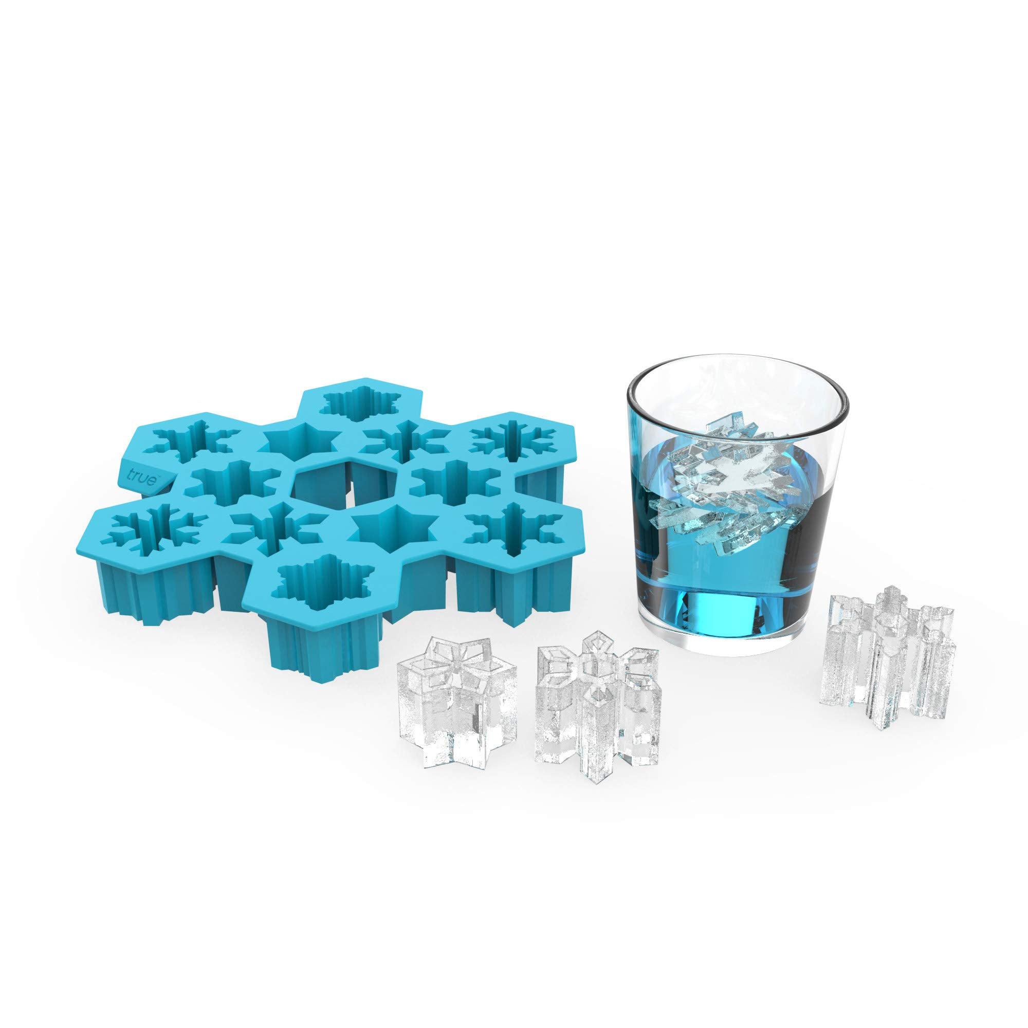 TrueZoo Snowflake Tray showing three patterns for decorative ice cubes in cocktails