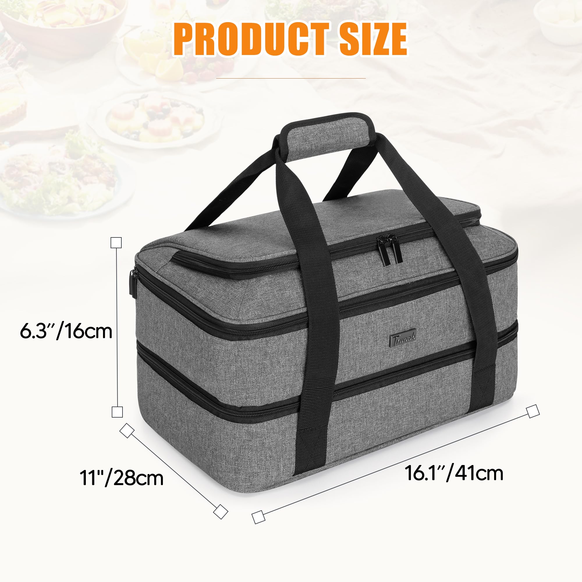 Trunab two-compartment design fits most 9x13 baking dishes.
