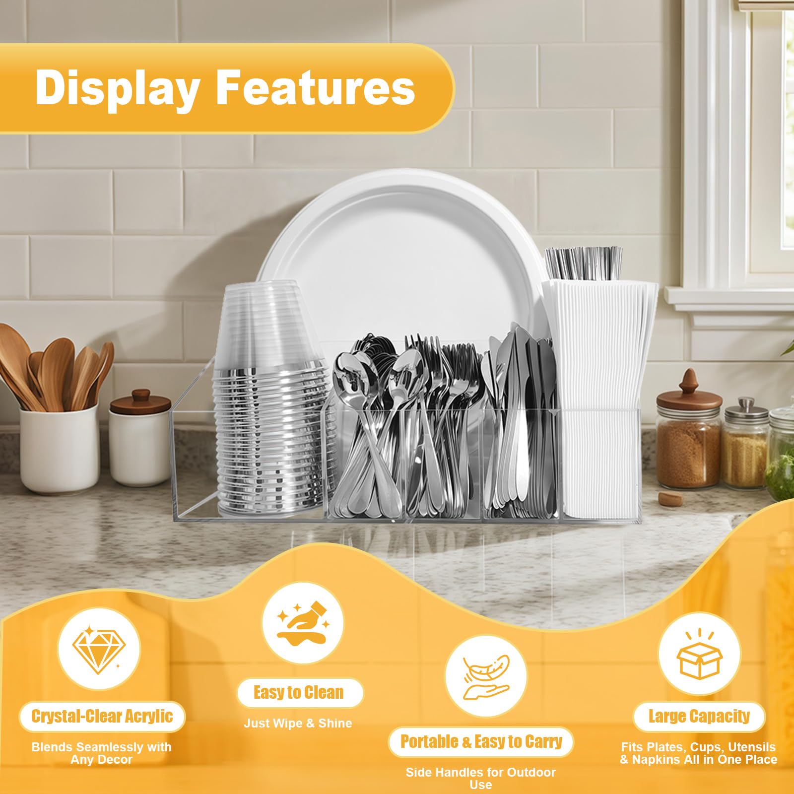 Truxwal six compartment dispenser organizes plates, cups, and utensils at once