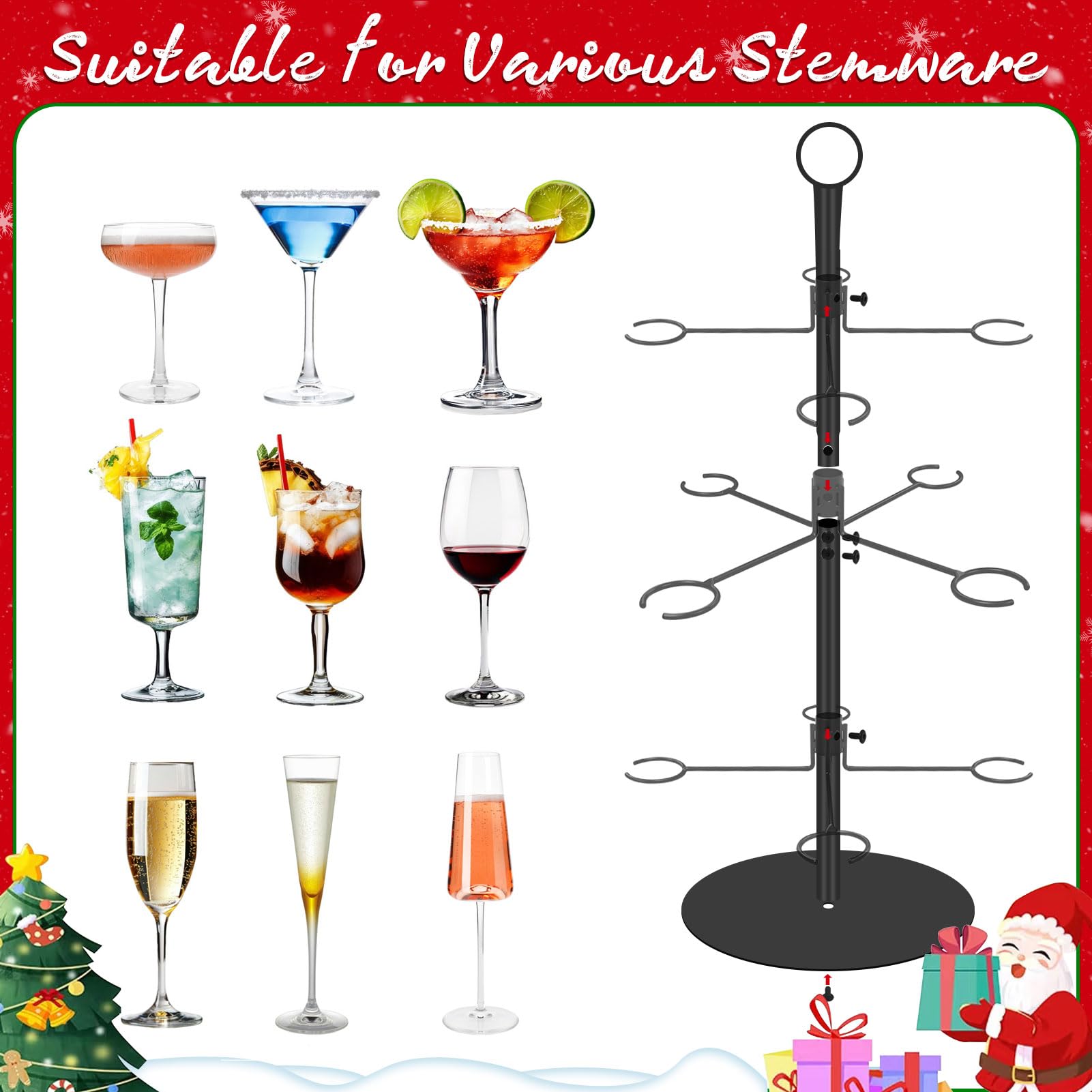 A versatile stemware display fits champagne flutes, wine, and martini glasses.
